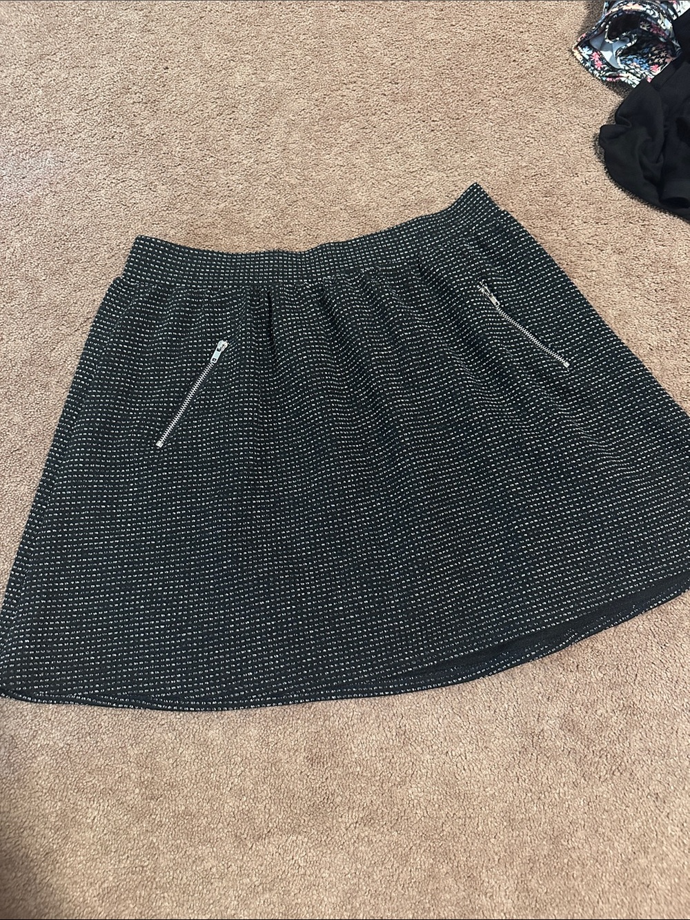 Black Dotted A-Line Skirt with Zip Pockets